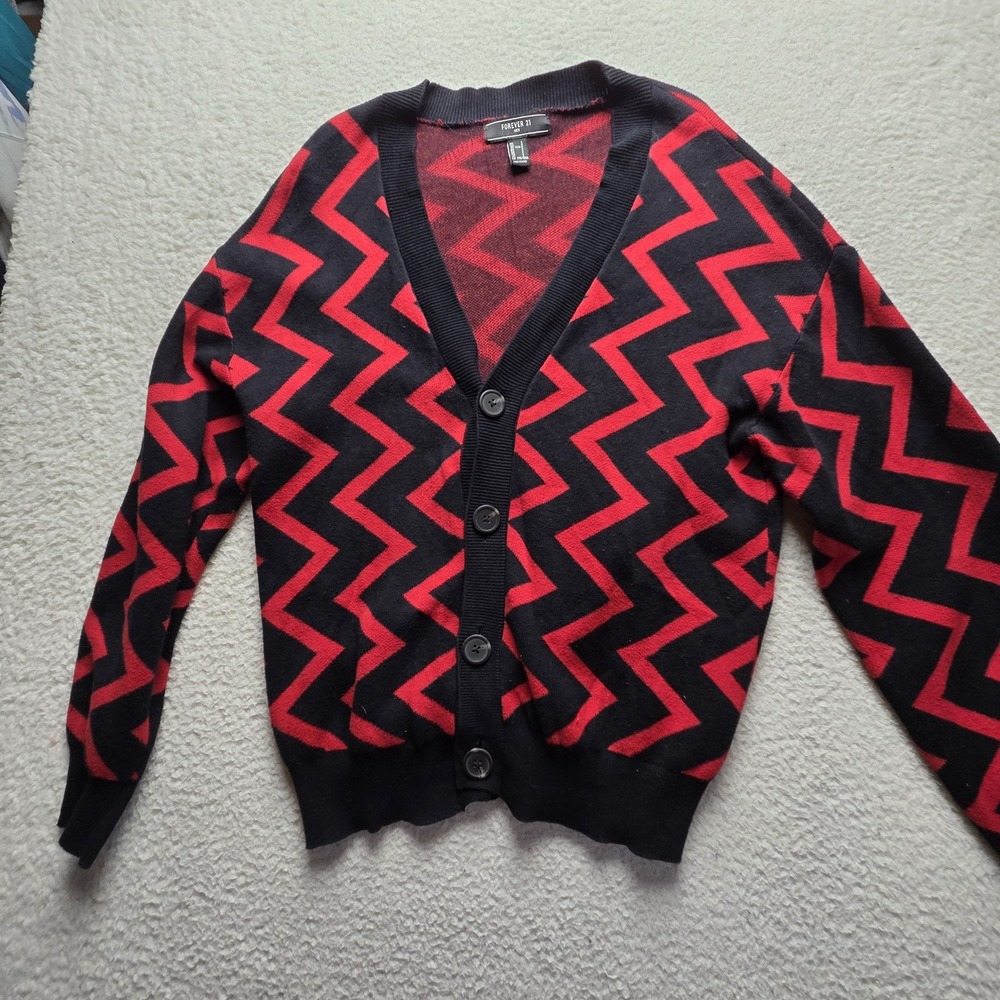 Forever 21 Cardigan Sweater Mens Large Black Red Chevron Cotton Knit V Neck